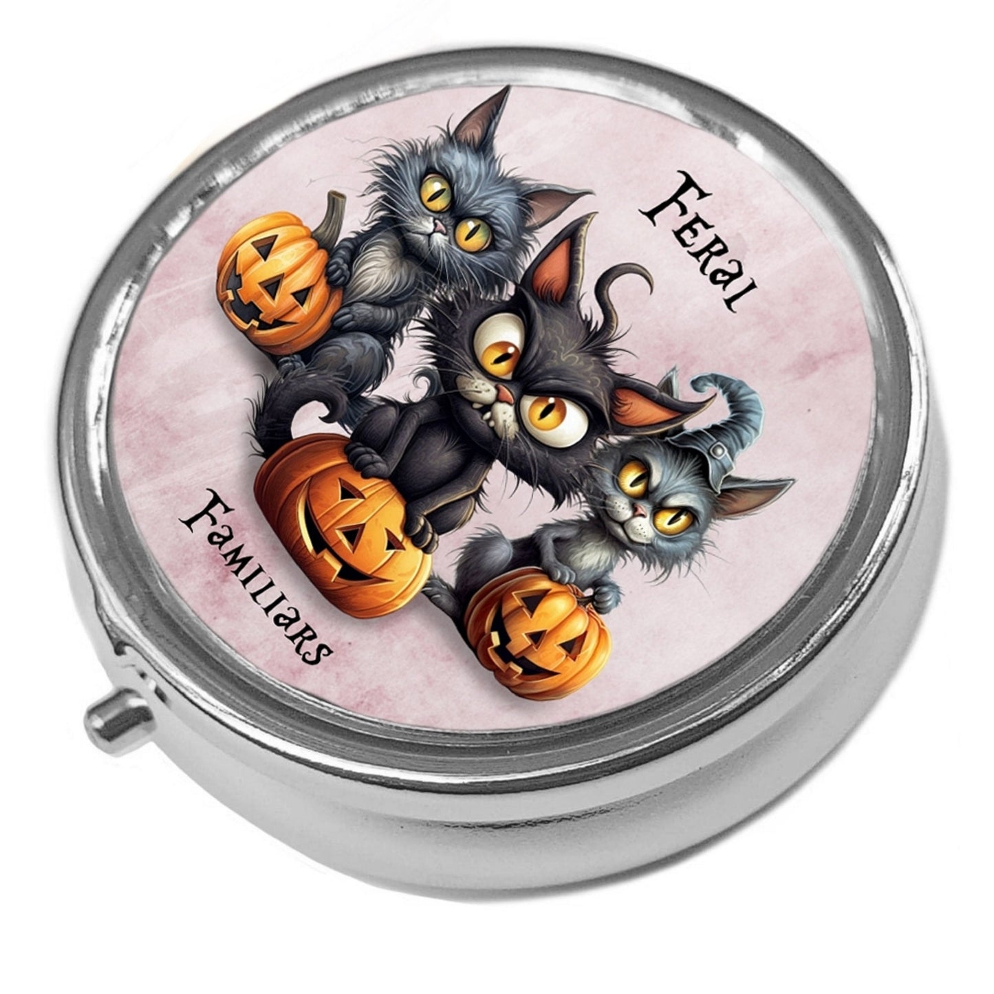 Feral Familiars - Black Cats & Pumpkins - Round  Pill / Trinket Box