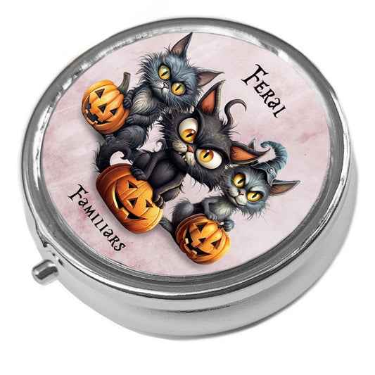 Feral Familiars - Black Cats & Pumpkins - Round  Pill / Trinket Box