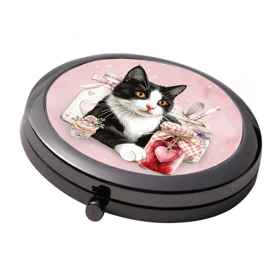 Black Cat Compact Mirror: Shabby Chic Tuxedo Cat Design