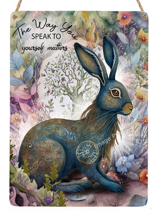 Hanging Metal Sign - Mystic Hare - Motivational Quote, The way you speak to yourself matters