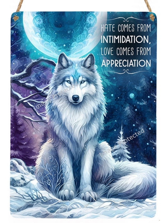 Hanging Metal Sign - Winter Wolf - Motivational Quotes - Hate comes from intimidation...