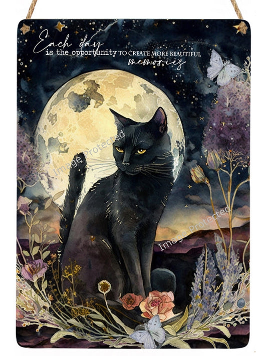Floral Cat Metal Sign: Handmade Home Decor (20cm x 15cm)