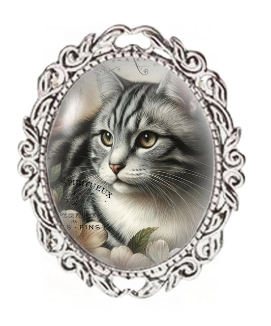 Vintage Grey Tabby Cat Brooch: Silver Color Oval Glass Cabochon