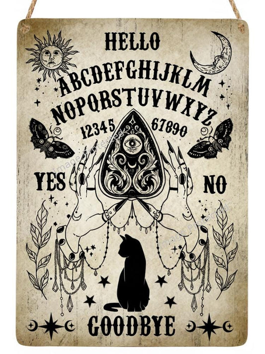 Black Cat Ouija Metal Sign: Handmade Magic Wall Decor (20cm x 15cm)