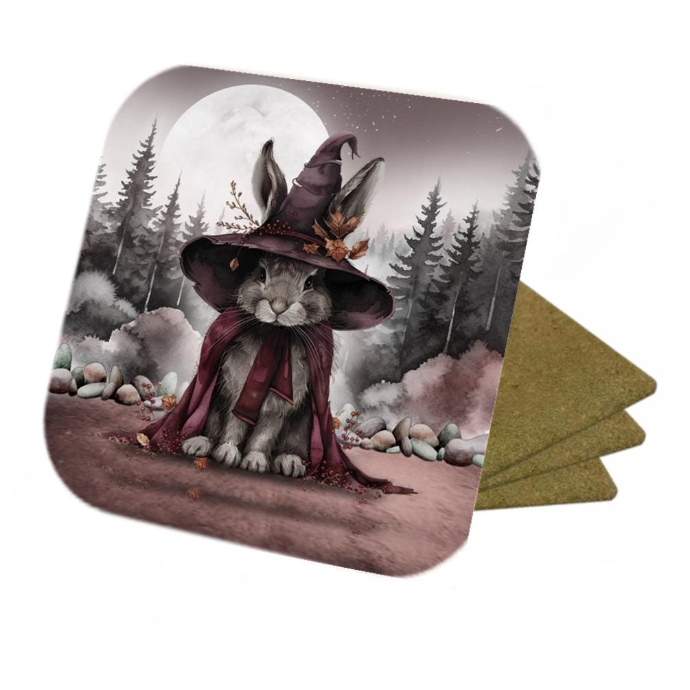 Witchy Hare Coaster Set: Handmade Cork-Backed Drink Coasters