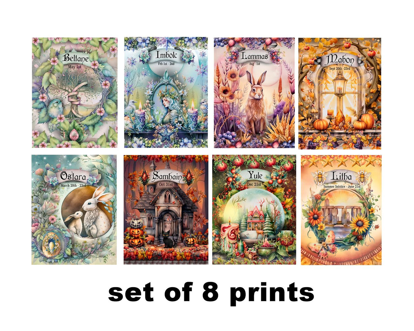 Sabbat Art Prints - Set of 8 Wiccan Calendar Illustrations
