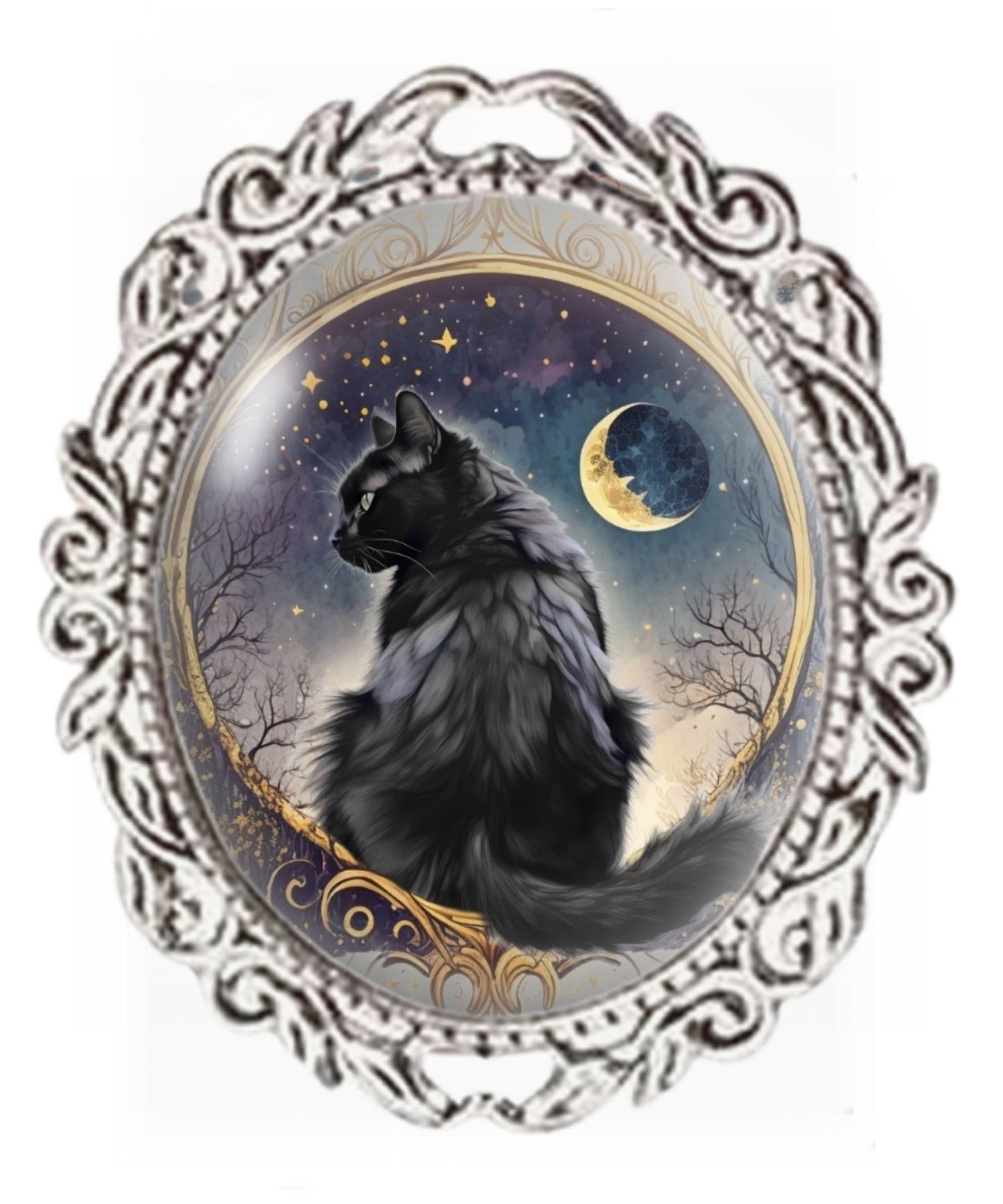 Silver Colour - Oval Glass Cabochon Brooch - Black Catand Celestial Moon - Cat Brooch