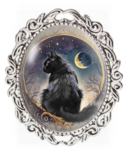 Silver Colour - Oval Glass Cabochon Brooch - Black Catand Celestial Moon - Cat Brooch