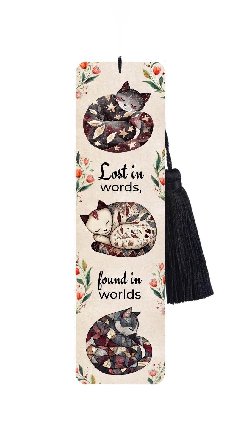 Large Metal Bookmark With Tassel - Folkart Cats