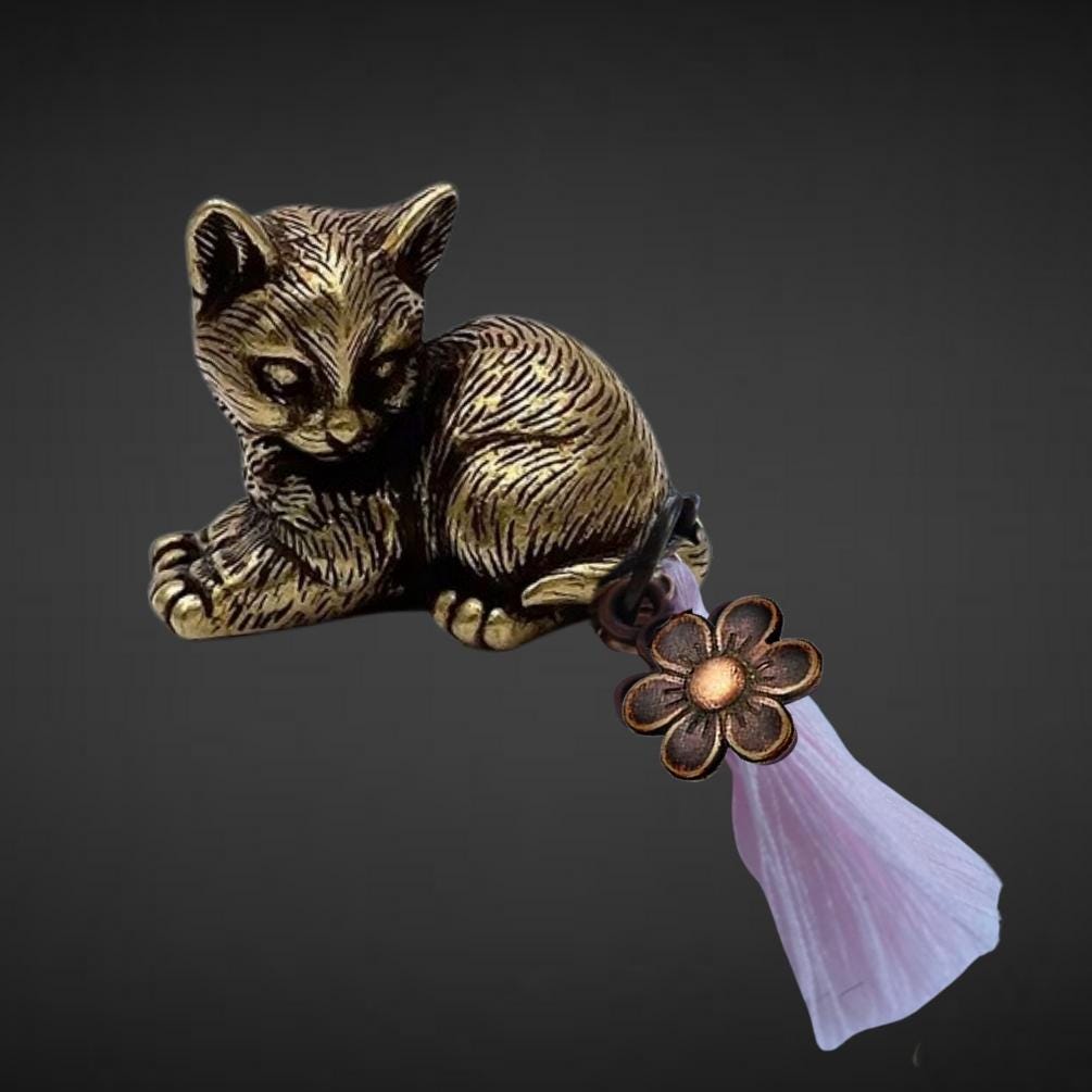 Brass Lucky Cat Charm with Tassel - Luna - Includes Bag & Card