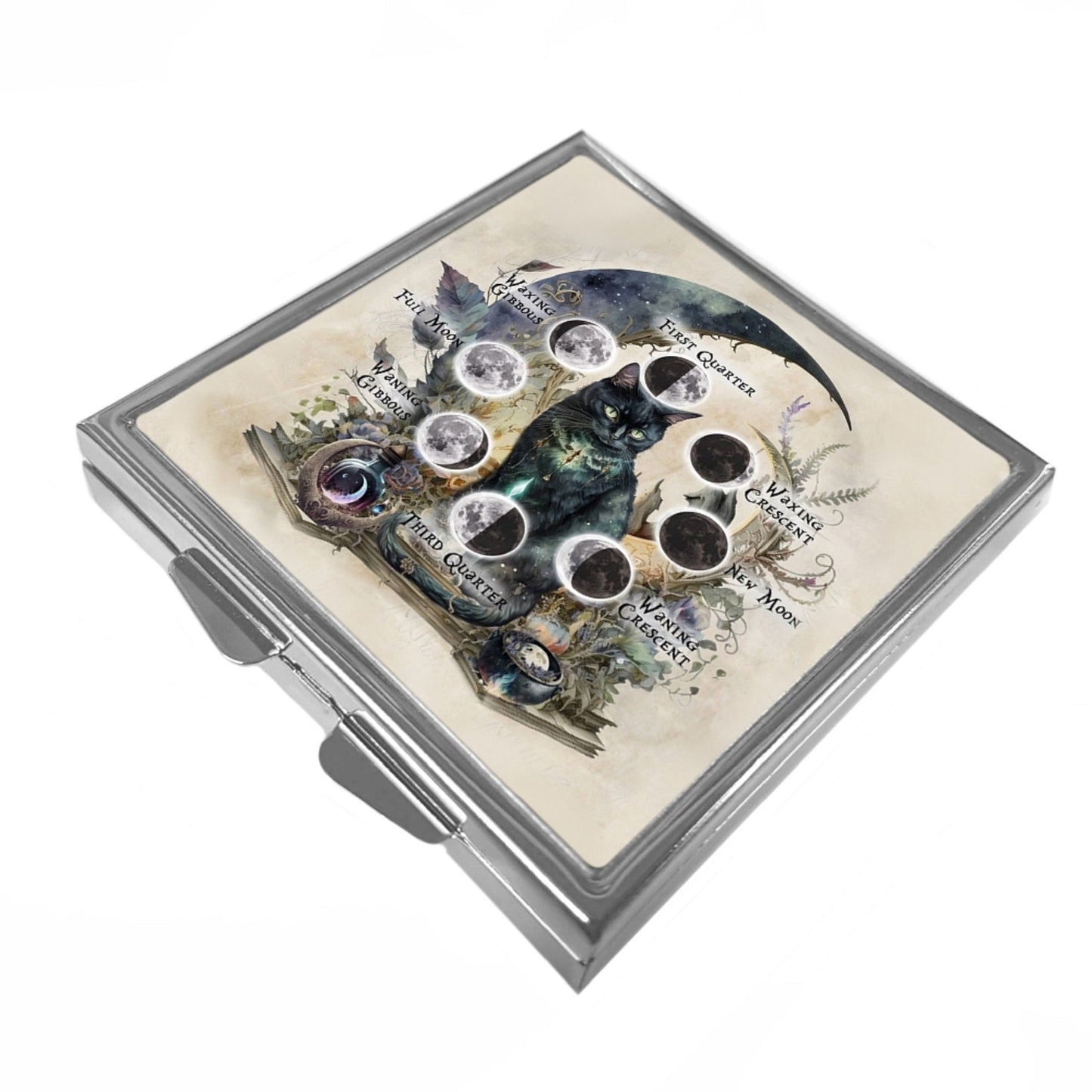 Square Pill/Trinket Box - Moon Magic - Black Cat/Moon Phases