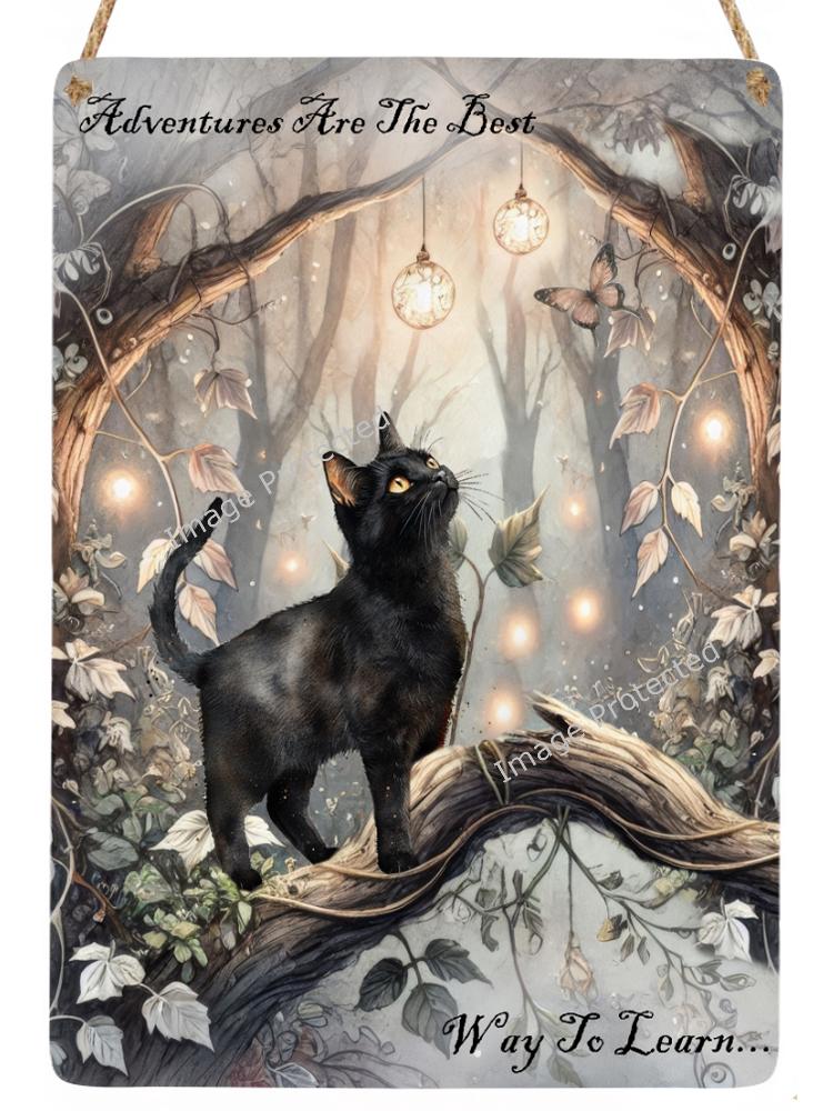 Black Cat Metal Sign: Adventure Decor, Hanging Jute Rope (20cm x 15cm)