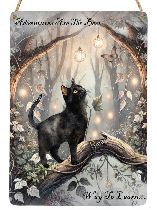Black Cat Metal Sign: Adventure Decor, Hanging Jute Rope (20cm x 15cm)