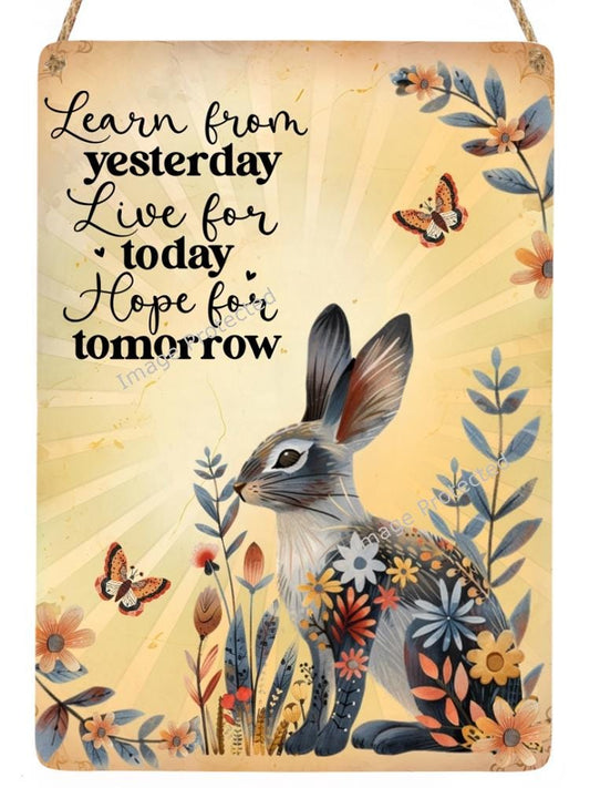 Folk Art Hare Metal Sign: Motivational Quote Hanging Decor
