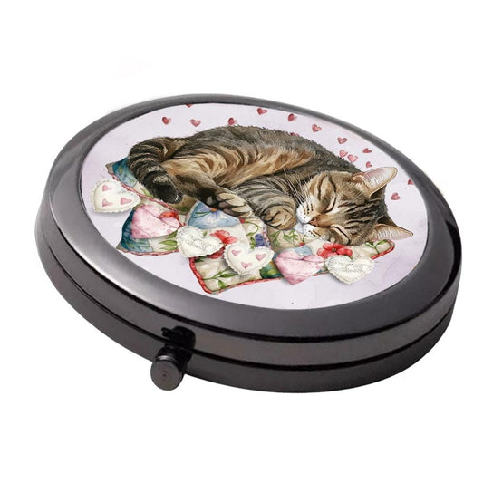 Tabby Cat Compact Mirror: Smoke Black Metal, Cottagecore Style