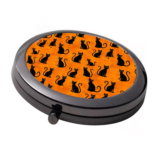 Black Cat Pattern Compact Mirror – Orange Halloween Design, 7cm