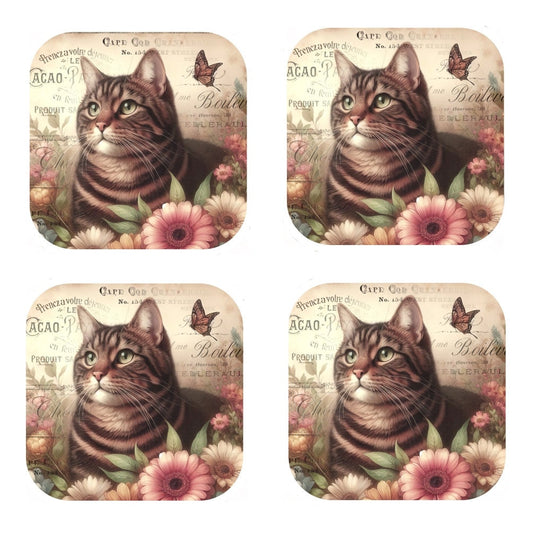 Set Of 4 - Cork Backed Coasters - Vintage Brown Tabby Cat