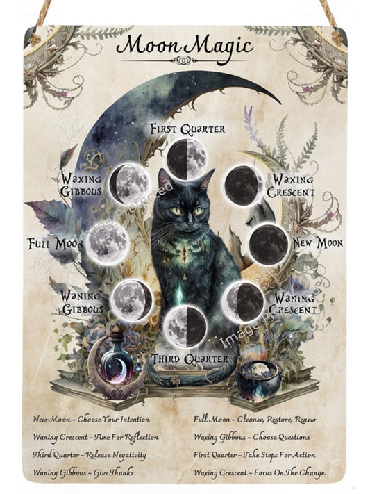 Black Cat Moon Phases Metal Sign - Witch Decor