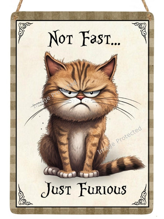 Hanging Metal Sign - Funny Cat Sign - Not Fast, Just Furious