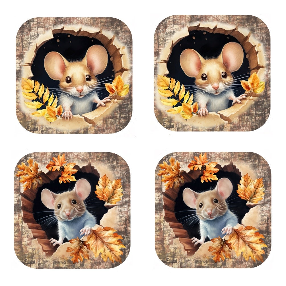 Mouse Coasters Set: Cork Backed, Little Harvest Mice Design