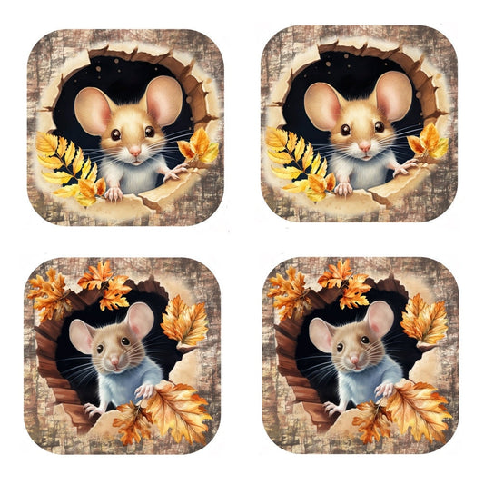 Mouse Coasters Set: Cork Backed, Little Harvest Mice Design