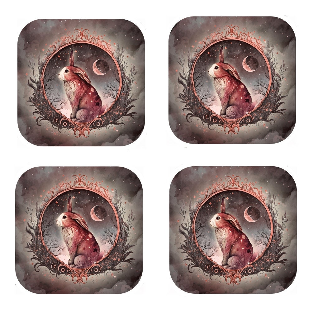 Celestial Rabbit Coasters: Cork Backed Coasters, Set of 4