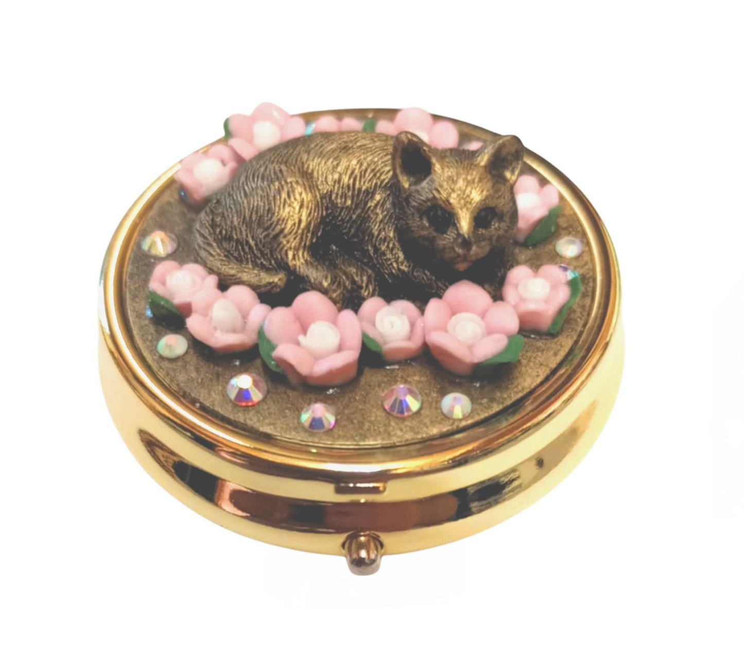 Handmade Cat Pill Box: Gold Metal Trinket Box with Pink Flowers