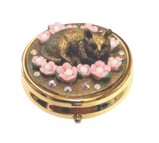 Handmade Cat Pill Box: Gold Metal Trinket Box with Pink Flowers