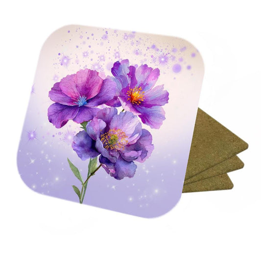 Set Of 4 - Purple Flowers - Cork Backed Coasters