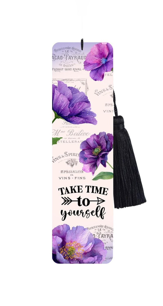 Floral Metal Bookmark with Black Tassel - Purple Flowers