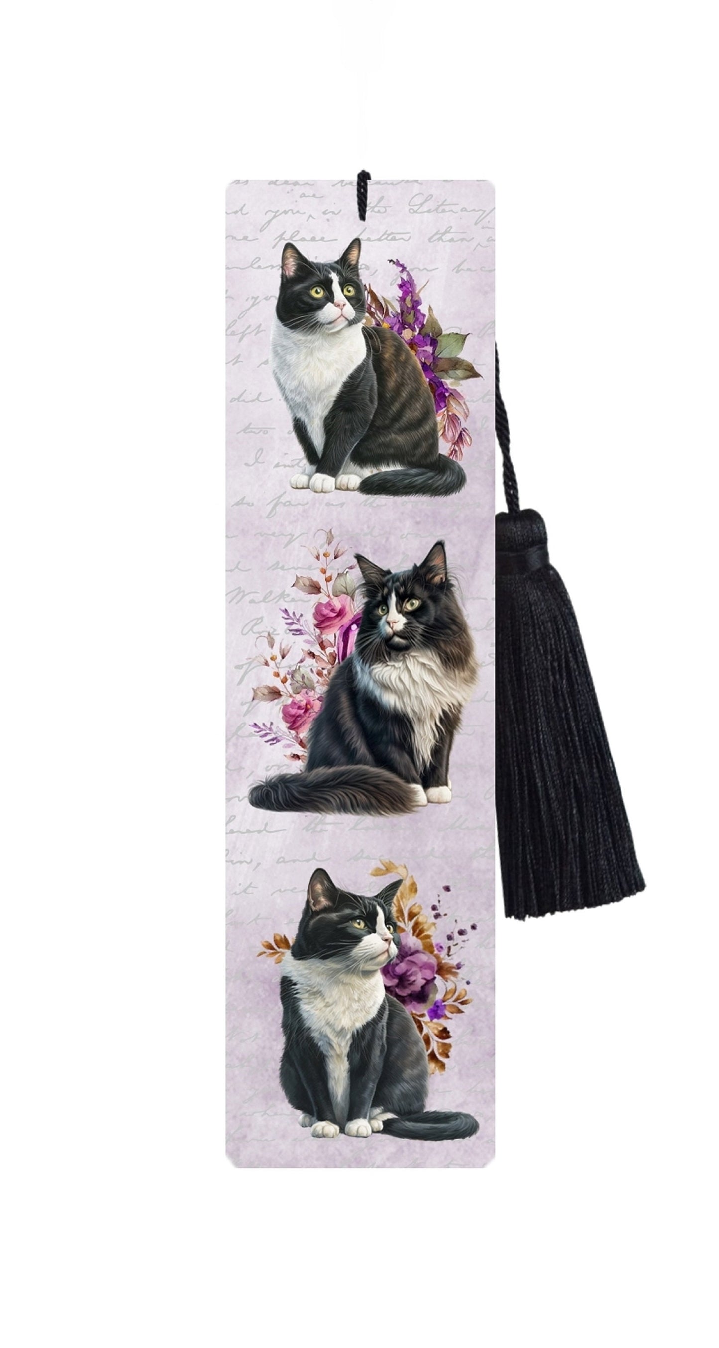 Large Metal Bookmark With Tassel - Black and White Cats