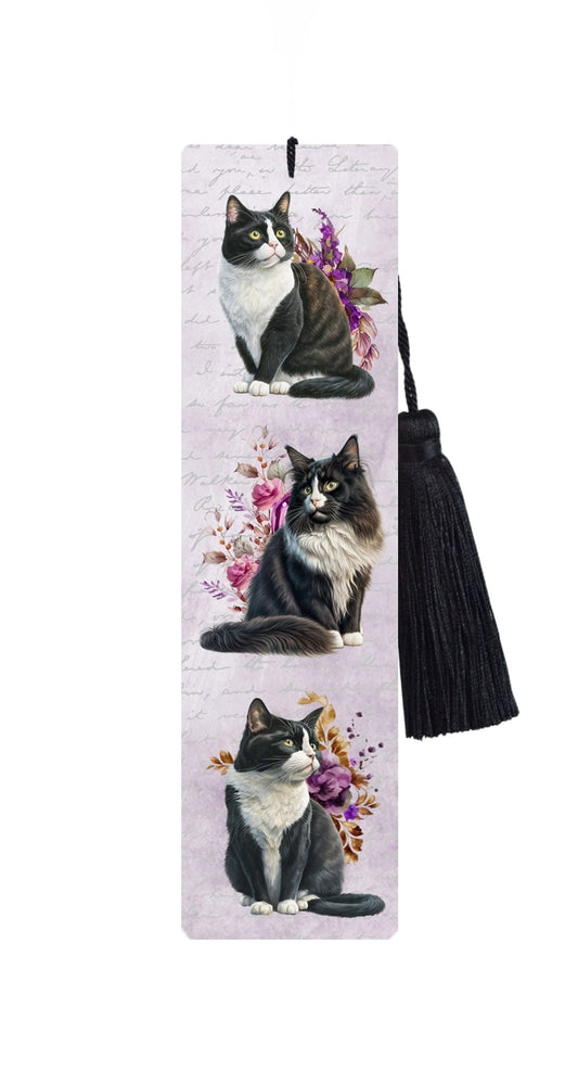 Large Metal Bookmark With Tassel - Black and White Cats