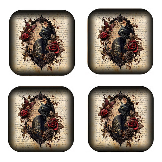 Black Cat Coasters: Vintage Rose Frame, Cork Backed - Set of 4