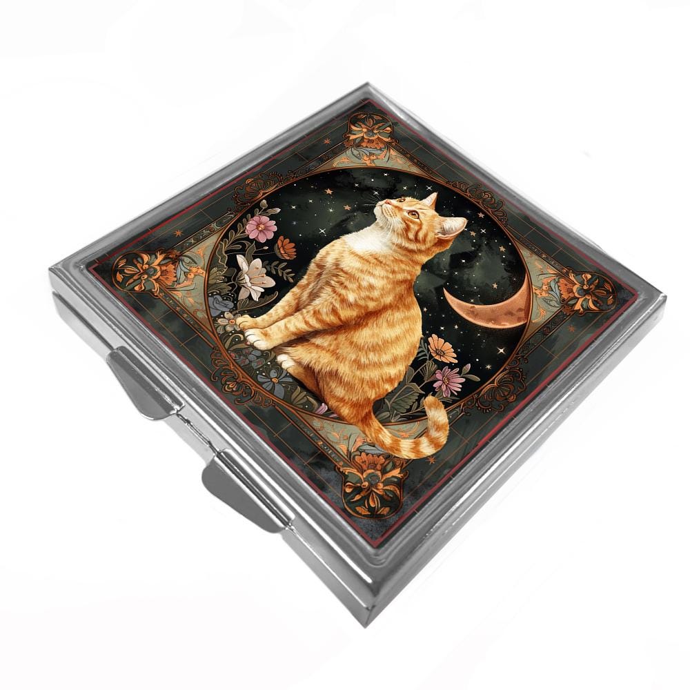 Square Pill/Trinket Box - Ginger Cat & Moon
