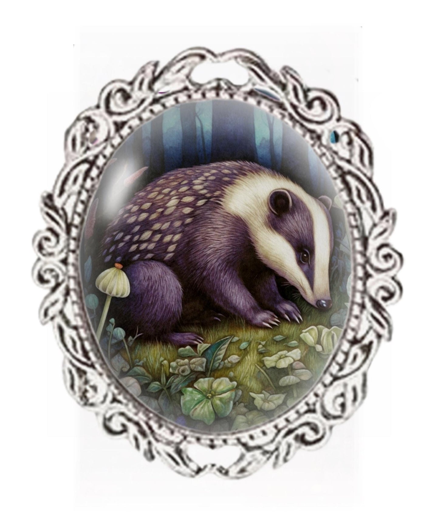 Silver Colour - Oval Glass Cabochon Brooch - Badger Brooch