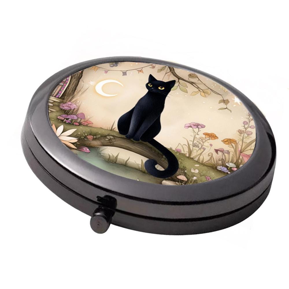 Black Cat Compact Mirror: Whimsical Double Mirror (7cm)