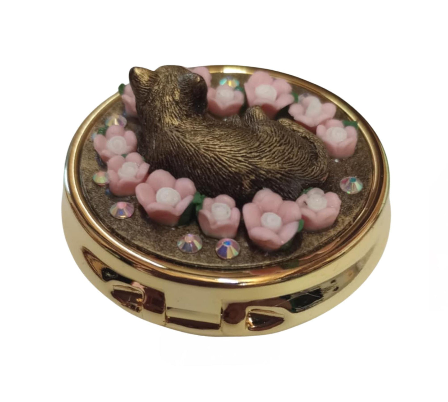 Handmade Cat Pill Box: Gold Metal Trinket Box with Pink Flowers