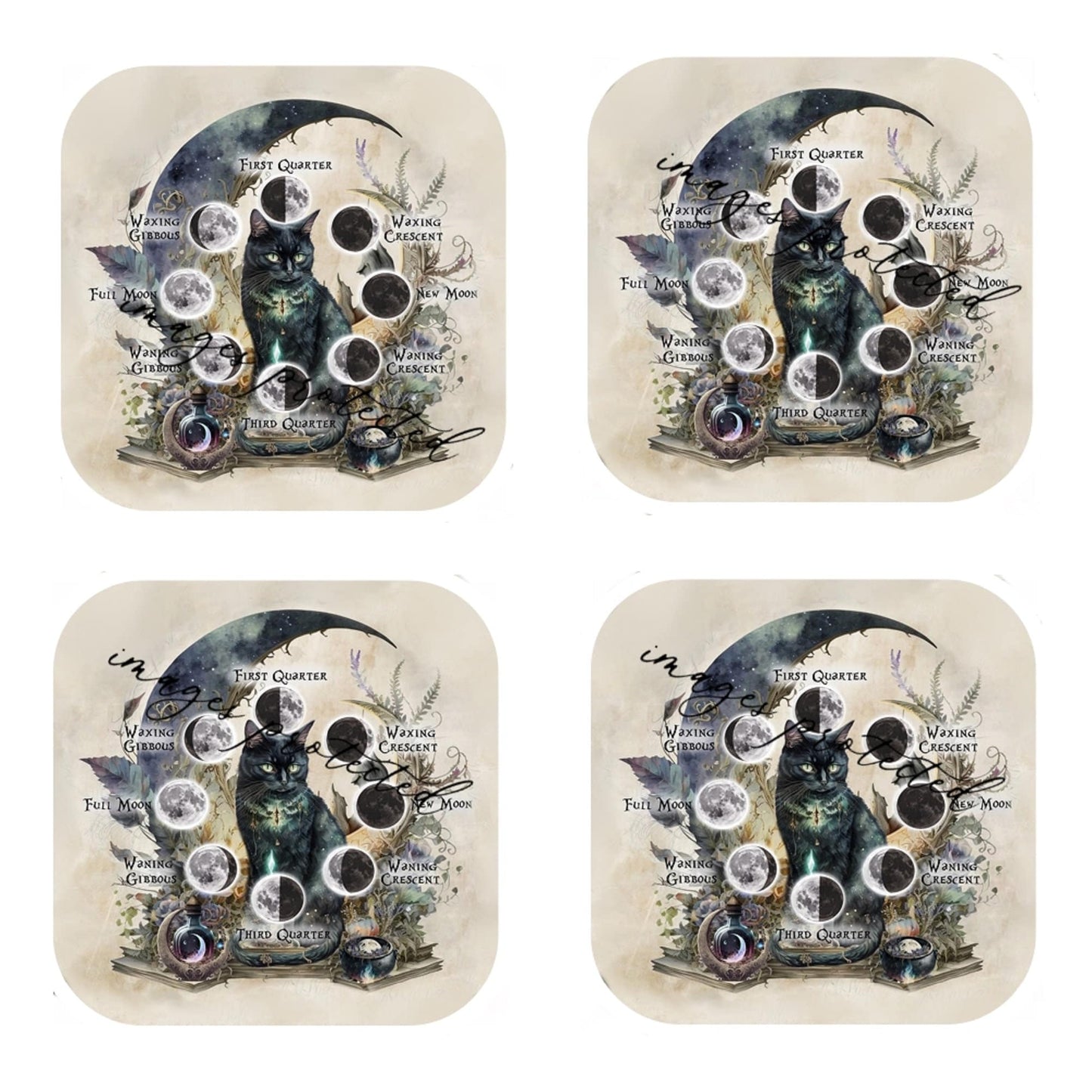Set Of 4 - Cork Backed Coasters - Moon Magic - Black Cat & Moon Phases