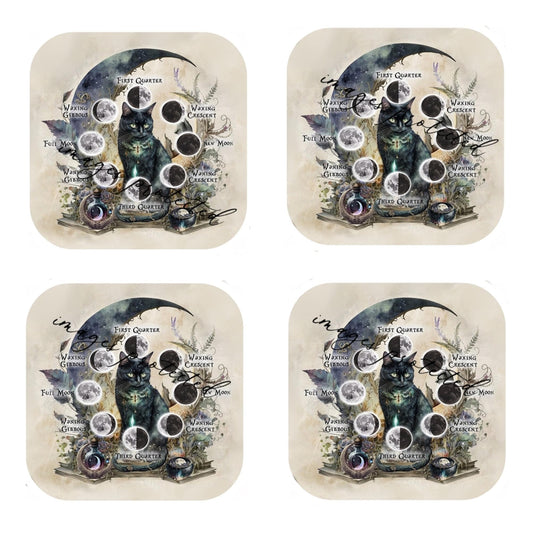 Set Of 4 - Cork Backed Coasters - Moon Magic - Black Cat & Moon Phases