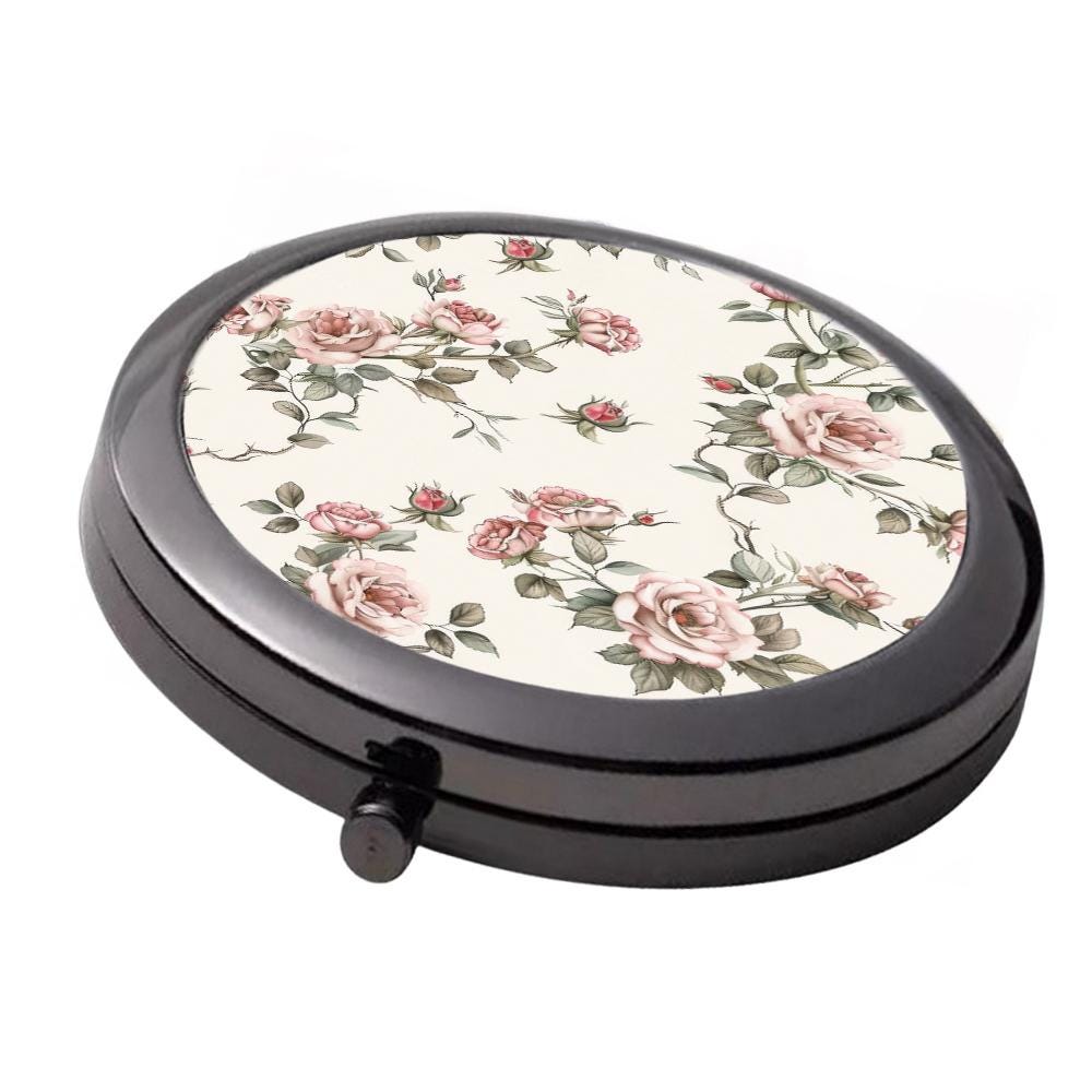 Floral Mirror - Smoke Black - Large Double Compact Mirror - Vintage Rose