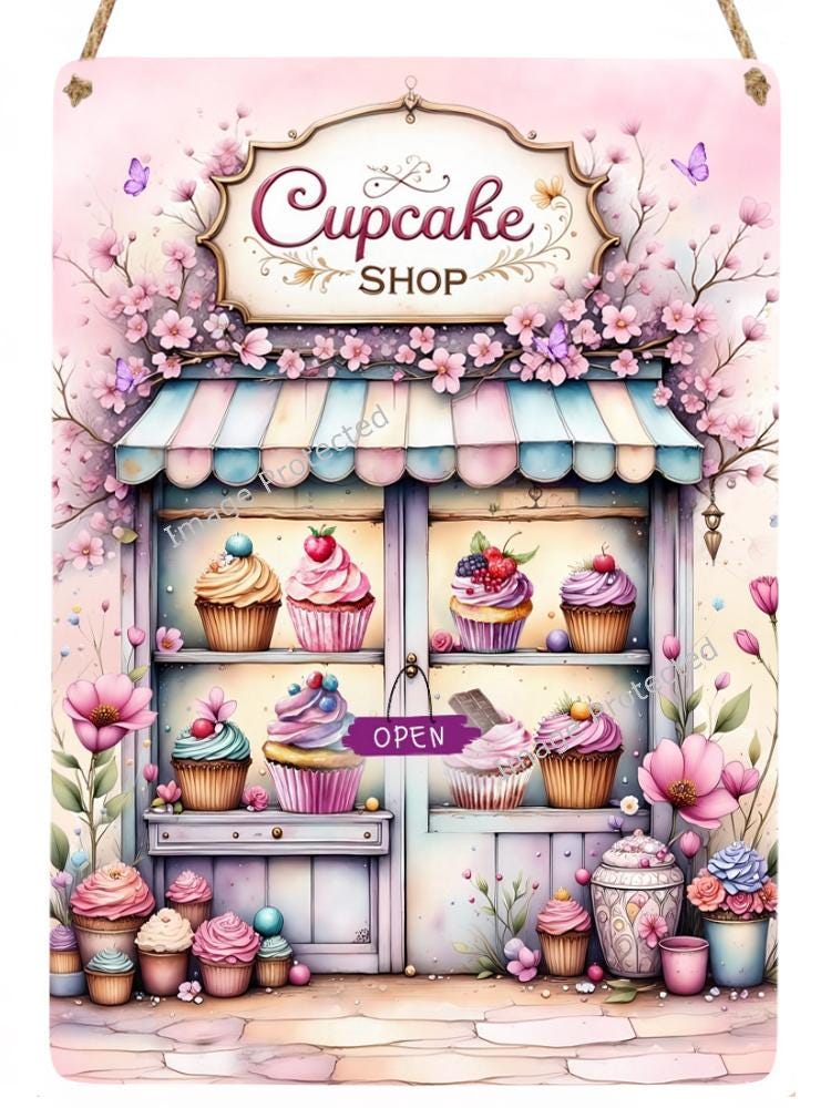 Handmade Cake Shop Metal Sign: Floral Cupcake Decor (20cm x 15cm)