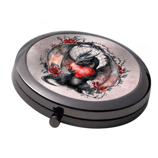 Smoke Black - Large Double Compact Mirror - Black Dragon & Heart