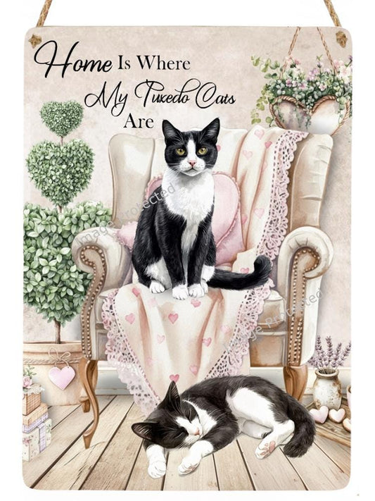 Tuxedo Cat Metal Sign: Shabby Chic Cottage Decor (20cm x 15cm)