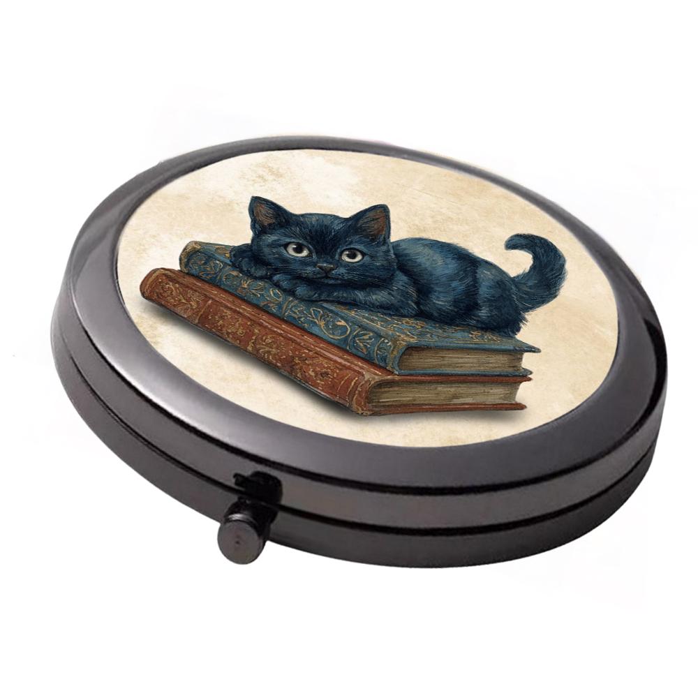 Black Cat on Books Compact Mirror – Gothic Double Mirror (7cm)