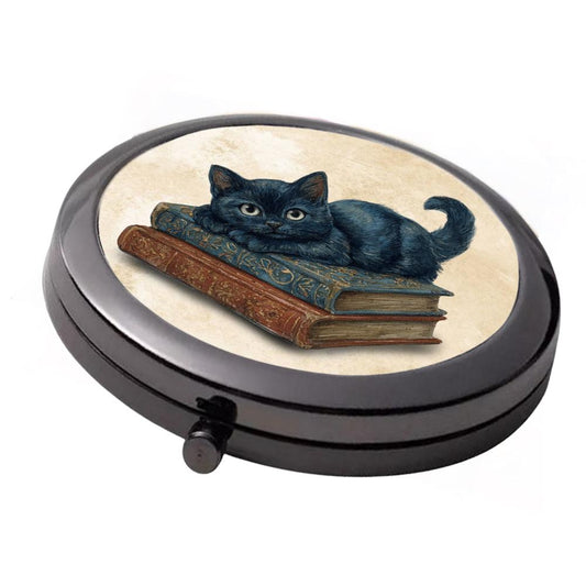 Black Cat on Books Compact Mirror – Gothic Double Mirror (7cm)