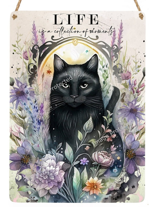 Floral cats - Hanging Metal Sign - Life is A Collection Of Moments - Cat Sign