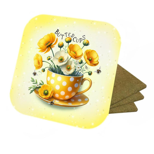 Set Of 4 - Buttercup & Bees - Cork Backed Coasters