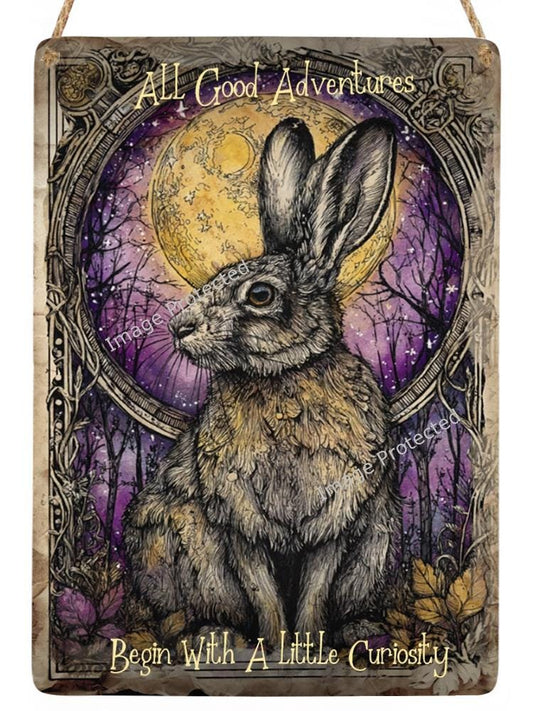 Hanging Metal Sign - Mystic Hare - Motivational Quote, Curiosity