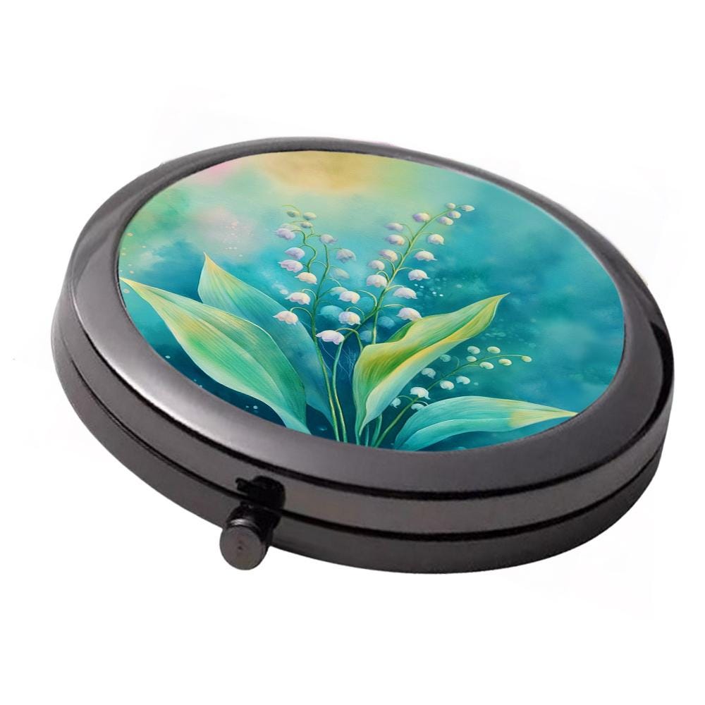 Floral Mirror - Smoke Black - Large Double Compact Mirror - Lily of The Valley (Teal shades)