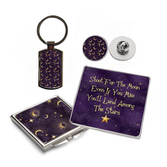 4 Piece Gift Set - Mirror, Magnet, Keyring & Pin Badge - Purple and Gold Moon, Stars